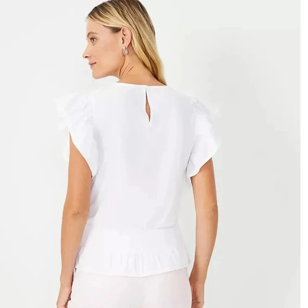 Ann Taylor White Smocked Waist Flutter Sleeve Top size MP - Picture 2 of 6